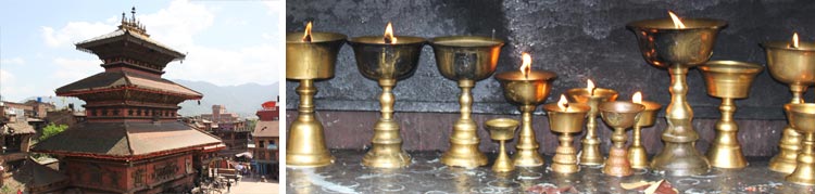 nepalesischer Tempel und Öllampen